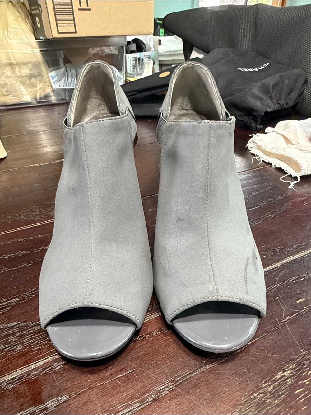 Life Stride Gray Suede Open-Toe Mule Booties